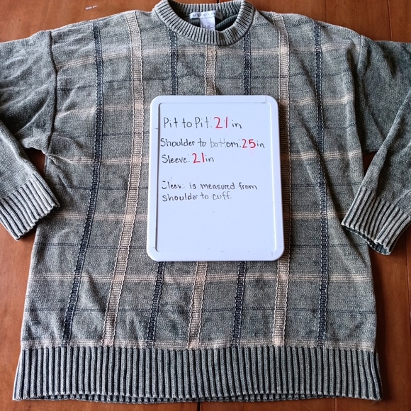 Vtg 90s Geoffrey Beene Plaid Green Sweater Crewneck Mens L Grandpa 100% Cotton - Picture 6 of 7
